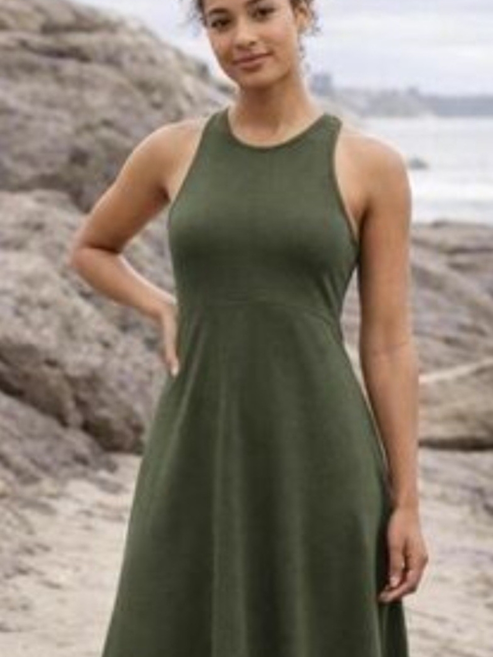 Athleta Sleeveless Olive Green A-Line Midi Dress M